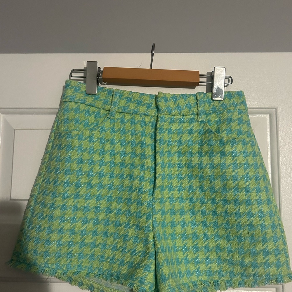 Zara High Waist Green and Blue Checkered Shorts